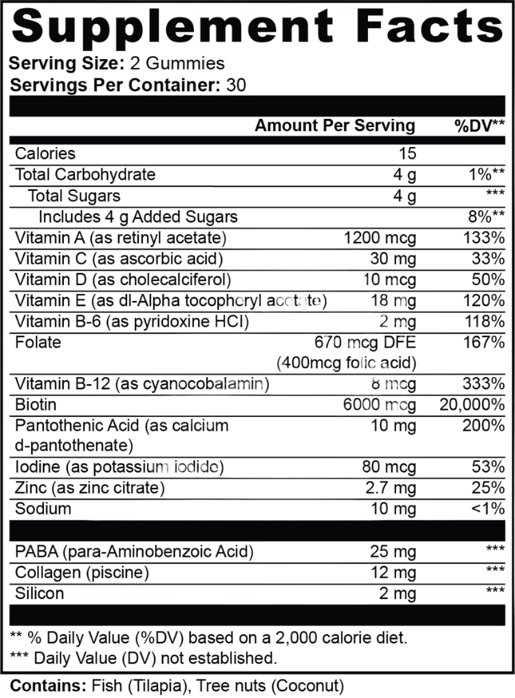 Supplement facts label for gummy vitamins with detailed nutritional information.