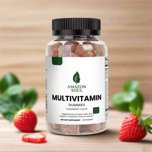 Multivitamin gummies in a bottle with 'Amazon Soul' branding on a white background