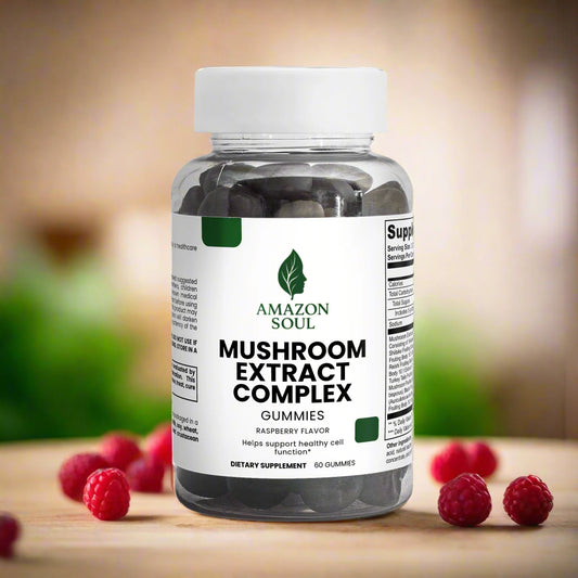 Bottle of Amazon Soul Mushroom Extract Complex Gummies on a white background