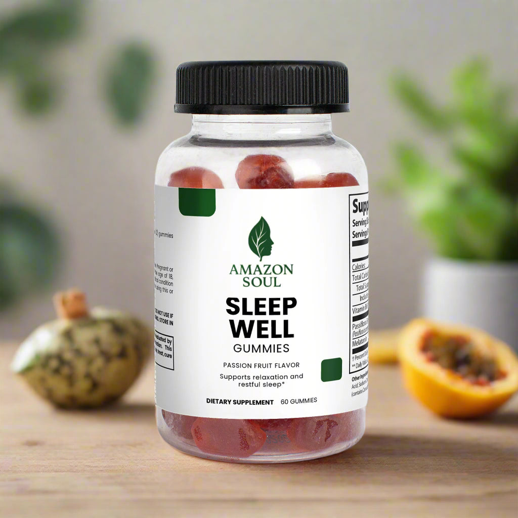 Bottle of Amazon Soul Sleep Well gummies on a white background
