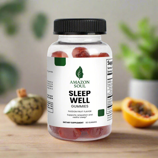 Bottle of Amazon Soul Sleep Well gummies on a white background