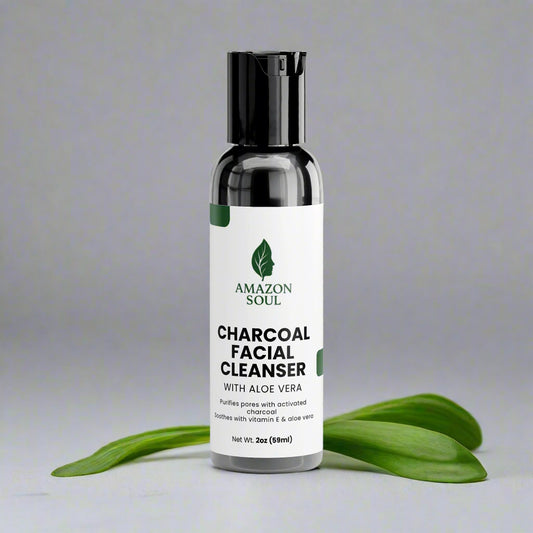Bottle of Amazon Soul Charcoal Facial Cleanser with Aloe Vera on a white background