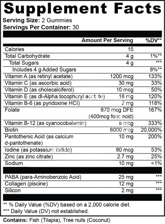 Supplement facts label for gummy vitamins with detailed nutritional information.